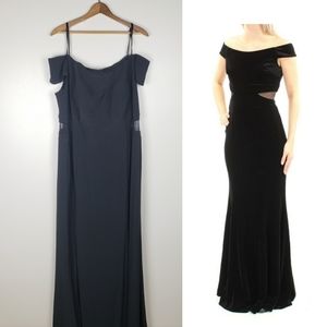 Xscape black off shoulder side cutout formal dress